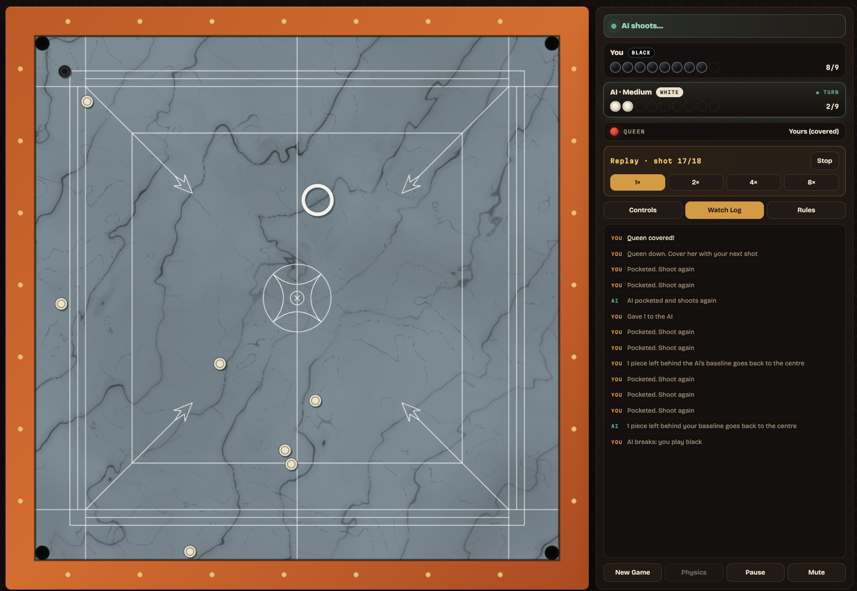 Carrom Adda gameplay on a marble board with the hollow striker and replay controls.