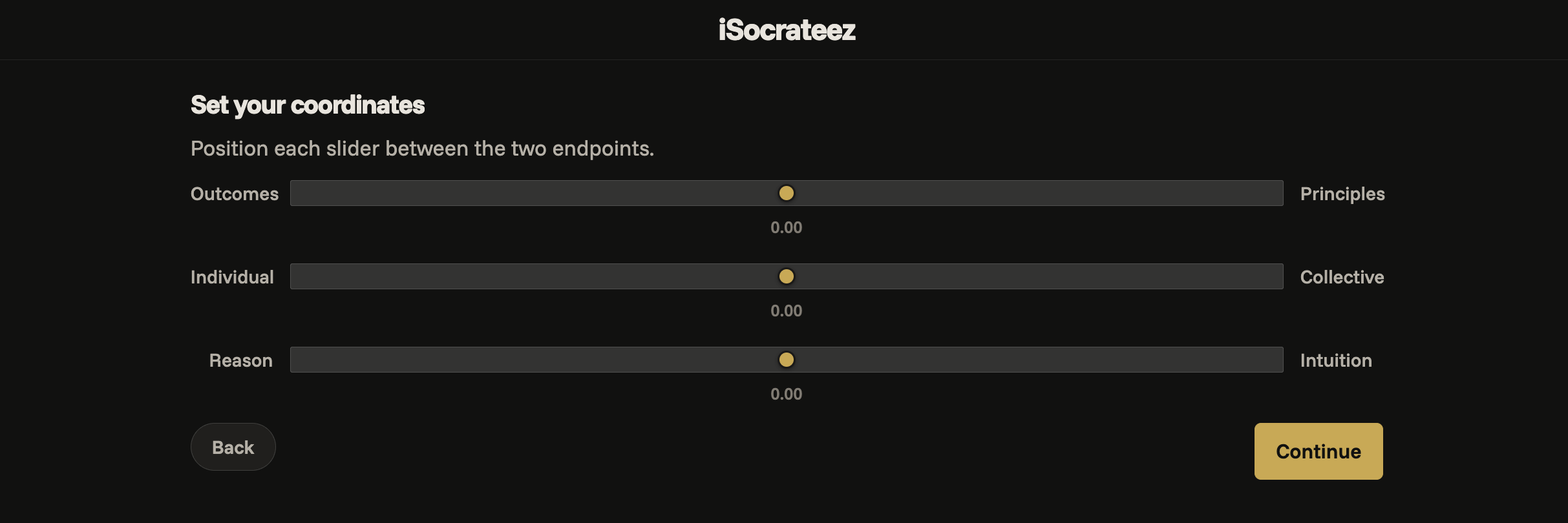 Three sliders for outcomes versus principles, individual versus collective, and reason versus intuition.