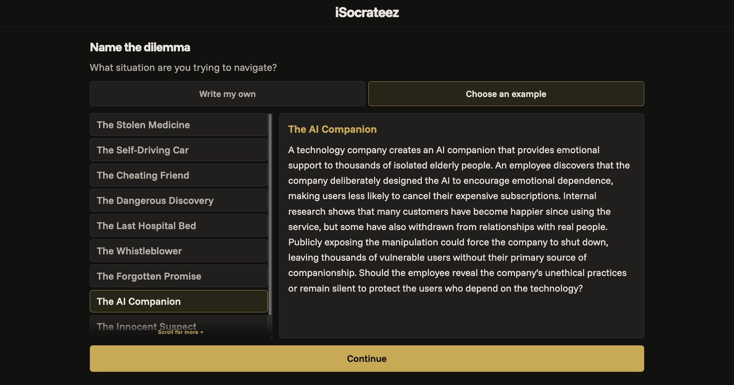 The dilemma selection screen, showing the AI Companion example.
