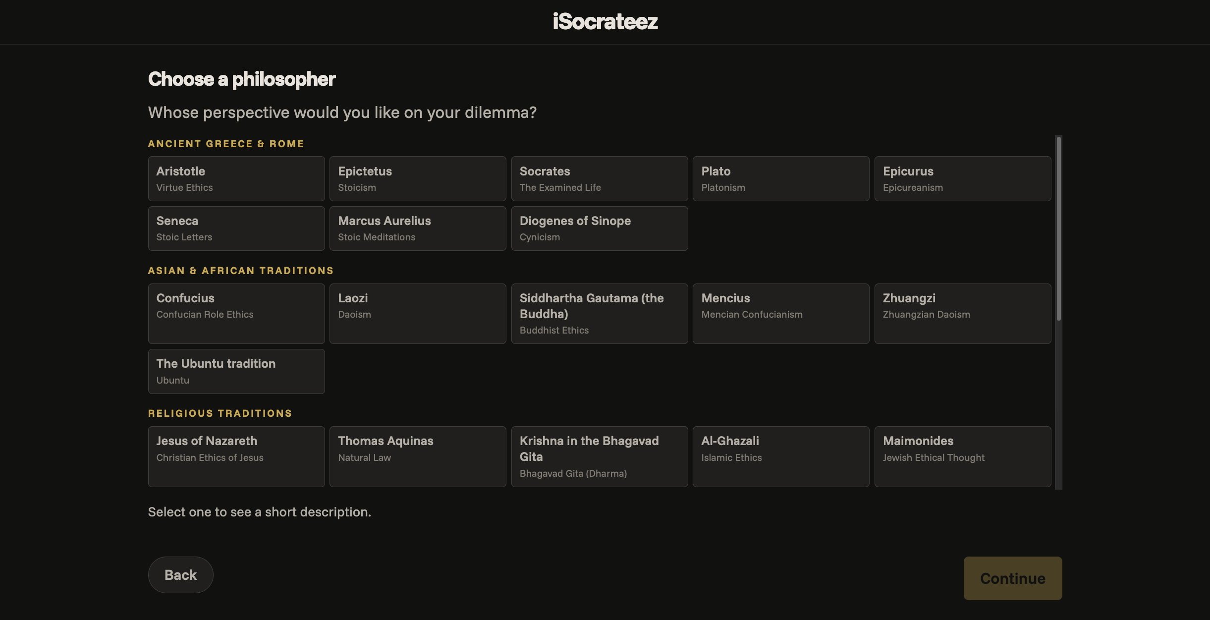 The philosopher selection screen with choices including Aristotle, Confucius, and the Ubuntu tradition.